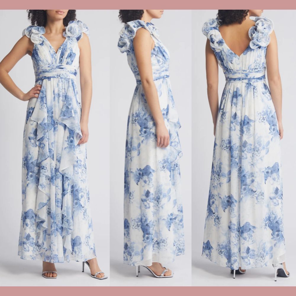 NWT $308 Eliza J [ 14 ] Floral Ruffle Strap Maxi‎ Gown Blue White #J586